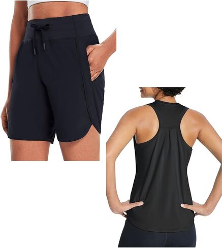 baleaf Women's 7" Long Running Shorts & Racerback Workout Tank Top Black&Black 2XL in Saudi Arabia
