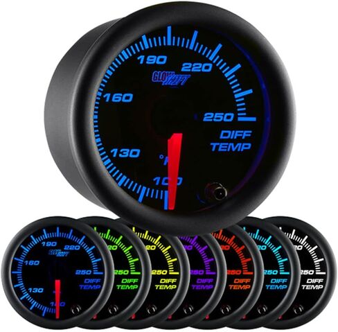 GlowShift Black 7 Color 250 F اطار مقياس درجة الحرارة التفاضلية الخلفية - تشمل مستشعرًا إلكترونيًا - الاتصال الأسود - عدسة صافية - للسيارة والشاحنة - 2-1/16 "52 مم in Kuwait