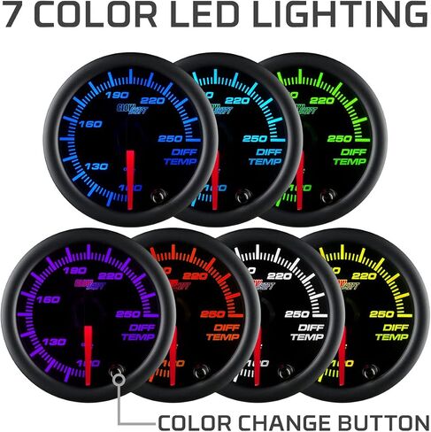GlowShift Black 7 Color 250 F اطار مقياس درجة الحرارة التفاضلية الخلفية - تشمل مستشعرًا إلكترونيًا - الاتصال الأسود - عدسة صافية - للسيارة والشاحنة - 2-1/16 "52 مم in Kuwait