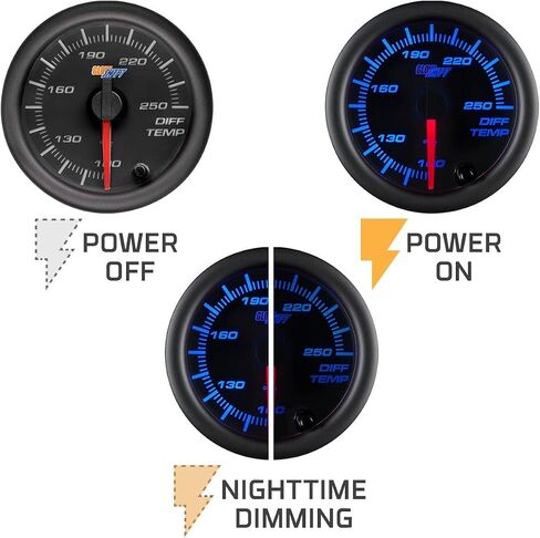GlowShift Black 7 Color 250 F اطار مقياس درجة الحرارة التفاضلية الخلفية - تشمل مستشعرًا إلكترونيًا - الاتصال الأسود - عدسة صافية - للسيارة والشاحنة - 2-1/16 "52 مم in Kuwait