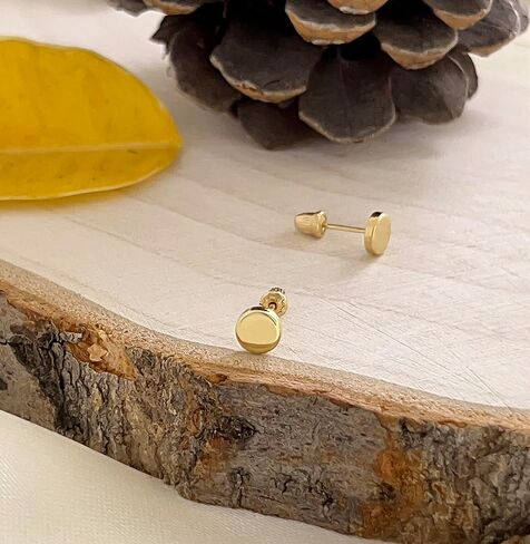 Hoberta Real 14k solid Round Yellow Gold Tiny Circle Stud Earrings with Screw back for Women Girls Men for Sensitive ears Small & Minimalist Dot Studs Jewelry for Gifts in Saudi Arabia