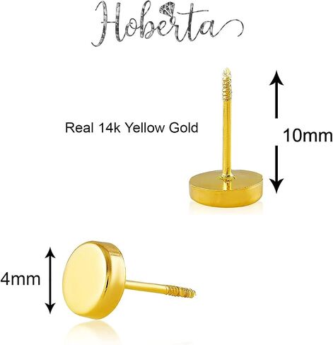 Hoberta Real 14k solid Round Yellow Gold Tiny Circle Stud Earrings with Screw back for Women Girls Men for Sensitive ears Small & Minimalist Dot Studs Jewelry for Gifts in Saudi Arabia