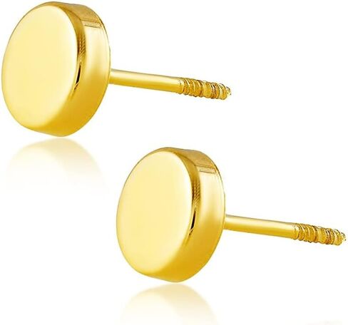 Hoberta Real 14k solid Round Yellow Gold Tiny Circle Stud Earrings with Screw back for Women Girls Men for Sensitive ears Small & Minimalist Dot Studs Jewelry for Gifts in Saudi Arabia