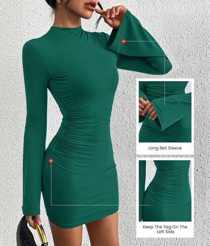 BTFBM Cocktail Dresses for Women 2025 Fall Fashion Bodycon Bell Long Sleeve Mock Neck Party Club Going Out Mini Dress in Saudi Arabia