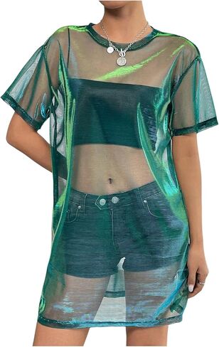 Floerns Women's See Through Sheer Mesh Night Out Dress Short Sleeve Round Neck Club Short Dress in Kuwait