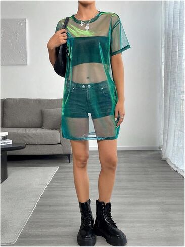 Floerns Women's See Through Sheer Mesh Night Out Dress Short Sleeve Round Neck Club Short Dress in Kuwait