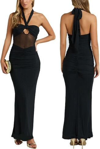 Women's Sexy Halter Backless Maxi Dress Mesh Patchwork Hollow Out Sleeveless Bodycon Ruched Cocktail Formal Long Dresses in Kuwait