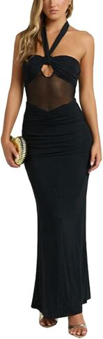 Women's Sexy Halter Backless Maxi Dress Mesh Patchwork Hollow Out Sleeveless Bodycon Ruched Cocktail Formal Long Dresses in Kuwait