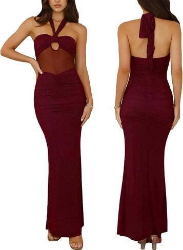 Women's Sexy Halter Backless Maxi Dress Mesh Patchwork Hollow Out Sleeveless Bodycon Ruched Cocktail Formal Long Dresses in Kuwait