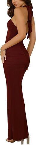 Women's Sexy Halter Backless Maxi Dress Mesh Patchwork Hollow Out Sleeveless Bodycon Ruched Cocktail Formal Long Dresses in Kuwait