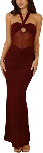 Women's Sexy Halter Backless Maxi Dress Mesh Patchwork Hollow Out Sleeveless Bodycon Ruched Cocktail Formal Long Dresses in Kuwait