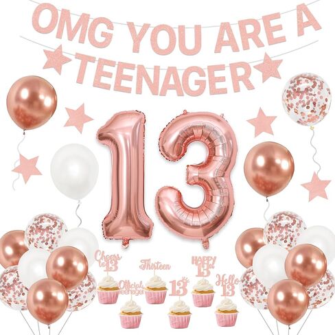 Holkcog 13th Birthday Decoration for Girls Boys, Rose Gold Official Teenager 13th Birthday Party Banner, Rose Gold 13 Number Ballons,Cupcake Topper, Thirteen Party Sign Photo, Gril i’m 13 in Kuwait