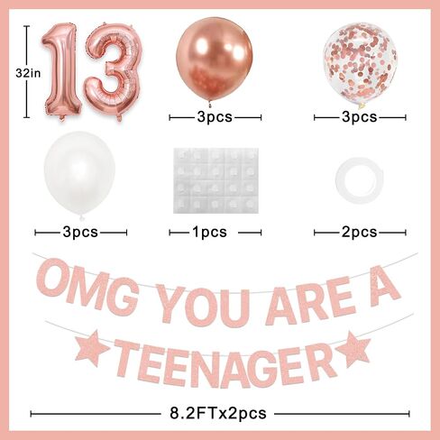 Holkcog 13th Birthday Decoration for Girls Boys, Rose Gold Official Teenager 13th Birthday Party Banner, Rose Gold 13 Number Ballons,Cupcake Topper, Thirteen Party Sign Photo, Gril i’m 13 in Kuwait
