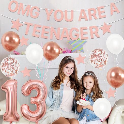 Holkcog 13th Birthday Decoration for Girls Boys, Rose Gold Official Teenager 13th Birthday Party Banner, Rose Gold 13 Number Ballons,Cupcake Topper, Thirteen Party Sign Photo, Gril i’m 13 in Kuwait
