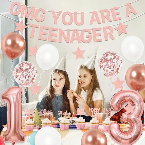 Holkcog 13th Birthday Decoration for Girls Boys, Rose Gold Official Teenager 13th Birthday Party Banner, Rose Gold 13 Number Ballons,Cupcake Topper, Thirteen Party Sign Photo, Gril i’m 13 in Kuwait