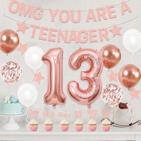 Holkcog 13th Birthday Decoration for Girls Boys, Rose Gold Official Teenager 13th Birthday Party Banner, Rose Gold 13 Number Ballons,Cupcake Topper, Thirteen Party Sign Photo, Gril i’m 13 in Kuwait