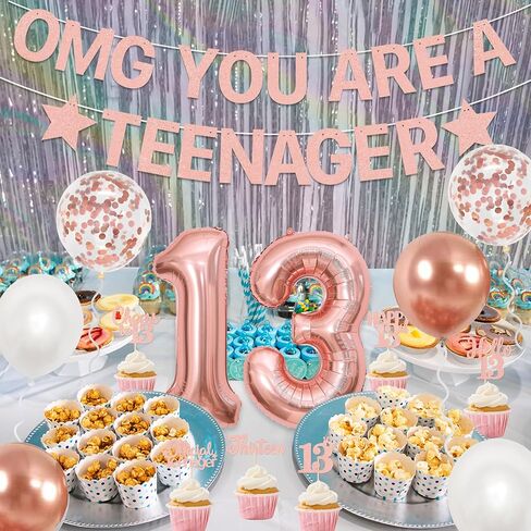 Holkcog 13th Birthday Decoration for Girls Boys, Rose Gold Official Teenager 13th Birthday Party Banner, Rose Gold 13 Number Ballons,Cupcake Topper, Thirteen Party Sign Photo, Gril i’m 13 in Kuwait
