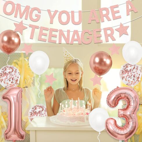 Holkcog 13th Birthday Decoration for Girls Boys, Rose Gold Official Teenager 13th Birthday Party Banner, Rose Gold 13 Number Ballons,Cupcake Topper, Thirteen Party Sign Photo, Gril i’m 13 in Kuwait