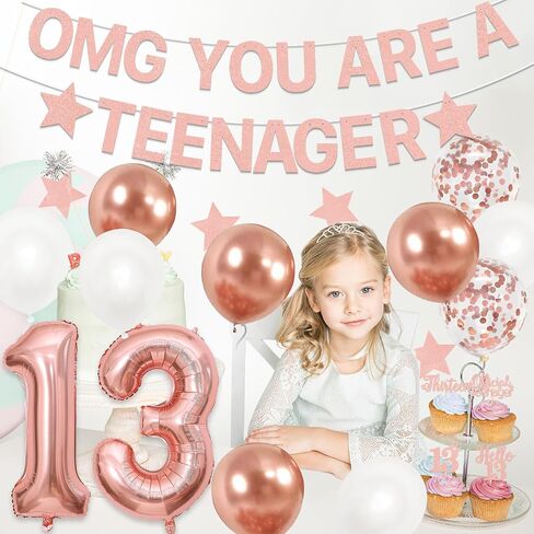 Holkcog 13th Birthday Decoration for Girls Boys, Rose Gold Official Teenager 13th Birthday Party Banner, Rose Gold 13 Number Ballons,Cupcake Topper, Thirteen Party Sign Photo, Gril i’m 13 in Kuwait