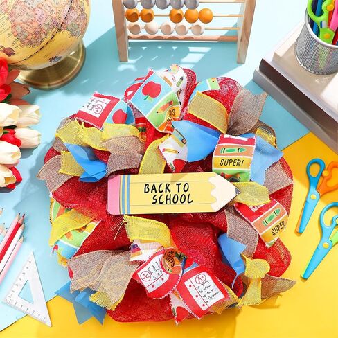 Back to School Wreath 15.7 Inch First Day of School Wreath with Pencil Wooden Sign Red Yellow Wreath Welcome Back to School Party Hanging Decoration for School Classroom Party Decor in Saudi Arabia