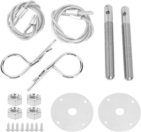 Engine Hood Pin, Plate Bonnet Lock Clip Kit, Engine Compartment with Lanyard, Carbon Steel Panel, 4in Base Threaded Pin, 24in Cable, for Carbon Fiberglass Cover in Saudi Arabia