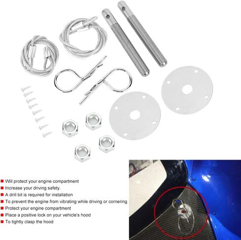 Engine Hood Pin, Plate Bonnet Lock Clip Kit, Engine Compartment with Lanyard, Carbon Steel Panel, 4in Base Threaded Pin, 24in Cable, for Carbon Fiberglass Cover in Saudi Arabia