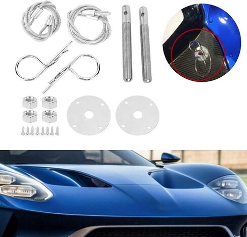 Engine Hood Pin, Plate Bonnet Lock Clip Kit, Engine Compartment with Lanyard, Carbon Steel Panel, 4in Base Threaded Pin, 24in Cable, for Carbon Fiberglass Cover in Saudi Arabia