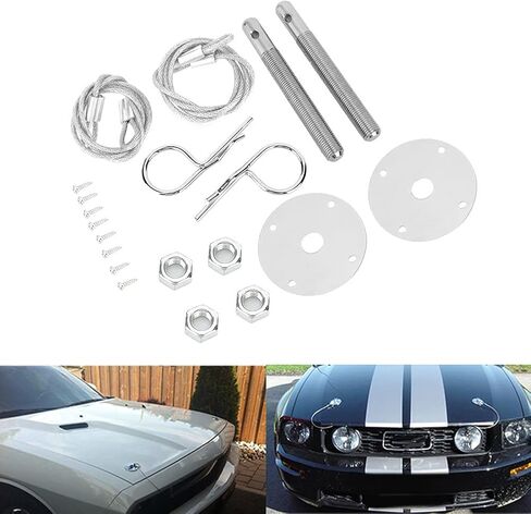 Engine Hood Pin, Plate Bonnet Lock Clip Kit, Engine Compartment with Lanyard, Carbon Steel Panel, 4in Base Threaded Pin, 24in Cable, for Carbon Fiberglass Cover in Saudi Arabia