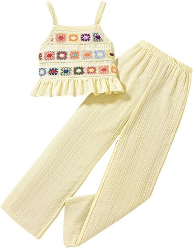 Floerns Girl's 2 Piece Outfit Summer Knitted Cami Top with Wide Leg Pants Set in Saudi Arabia