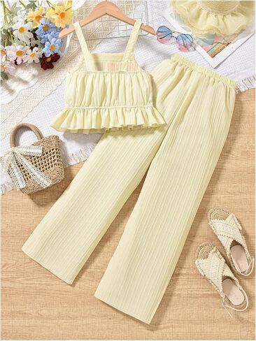 Floerns Girl's 2 Piece Outfit Summer Knitted Cami Top with Wide Leg Pants Set in Saudi Arabia