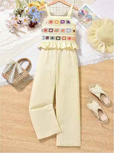 Floerns Girl's 2 Piece Outfit Summer Knitted Cami Top with Wide Leg Pants Set in Saudi Arabia