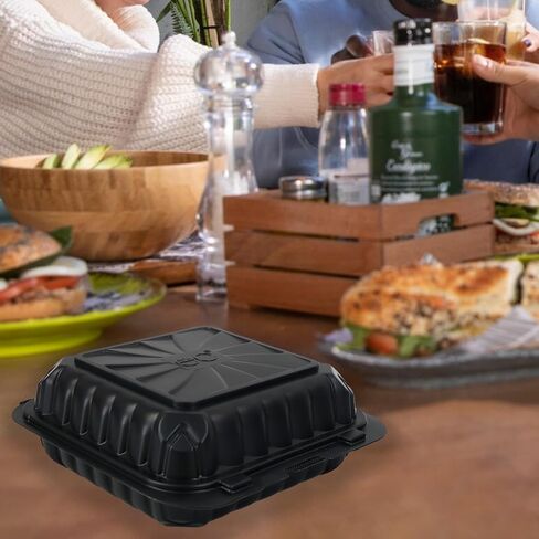 50 Pack 8x8x3.14 inch Hinged Clamshell Take Out Containers with Lids, To Go Containers ｜Salads Container | Cookie Boxes | Bakery Boxes | Dessert Boxes-Black in Saudi Arabia