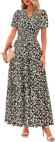 PRETTYGARDEN Women's 2025 Summer Boho Maxi Dresses Floral Short Sleeve V Neck A Line Tiered Flowy Long Beach Vacation Dress in Saudi Arabia