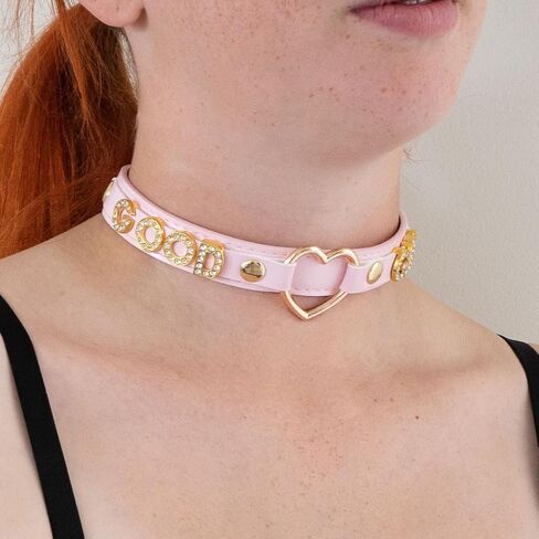 Handmade Gold Heart O-Ring Letter Choker Necklace for Women, Adjustable PU Leather Black/Pink Choker Collar For Women, Goth Choker Collars Necklace in Kuwait