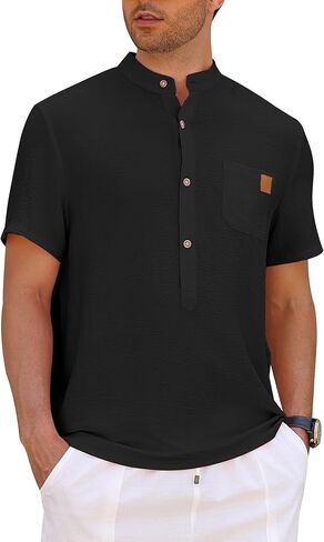 OLEMEK Men's Henley Shirts Band Collar Short Sleeve Casual Basic Tee Summer Button Henley Soild T Shirt with Pocket in Kuwait
