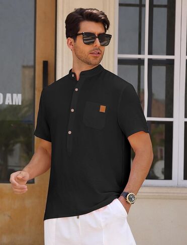 OLEMEK Men's Henley Shirts Band Collar Short Sleeve Casual Basic Tee Summer Button Henley Soild T Shirt with Pocket in Kuwait