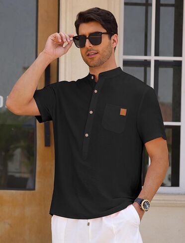 OLEMEK Men's Henley Shirts Band Collar Short Sleeve Casual Basic Tee Summer Button Henley Soild T Shirt with Pocket in Kuwait