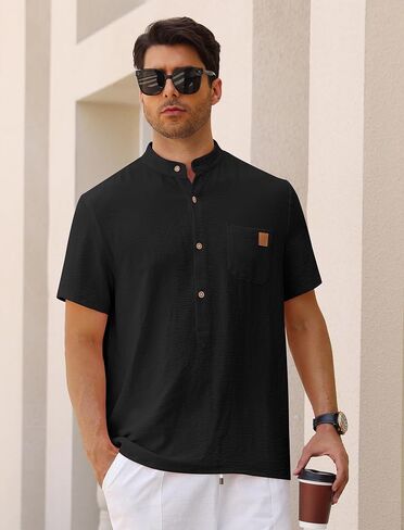 OLEMEK Men's Henley Shirts Band Collar Short Sleeve Casual Basic Tee Summer Button Henley Soild T Shirt with Pocket in Kuwait