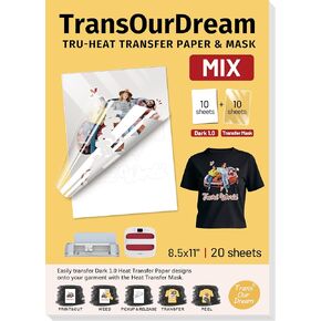 TransOurDream Tru-Heat Transfer Paper for Dark T Shirts (10 Sheets Dark1.0 + 10 Sheets Iron on Transfer Tape, 8.5"x11", Mix Pack) & Clear Heat Transfer Mate for Printable Heat Transfer Vinyl in Kuwait