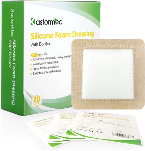 kastormed Silicone Adhesive Foam Dressing with Gentle Border 4''x4'' 10 Pack, High Absorbency Foam Wound Bandage for Bed Sore, Leg Ulcer, Diabetic Ulcer in Kuwait