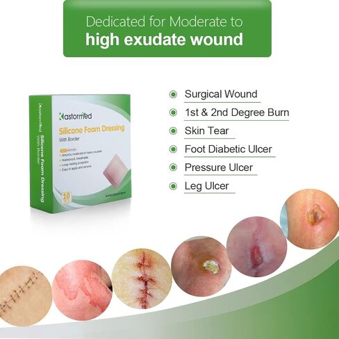 kastormed Silicone Adhesive Foam Dressing with Gentle Border 4''x4'' 10 Pack, High Absorbency Foam Wound Bandage for Bed Sore, Leg Ulcer, Diabetic Ulcer in Kuwait