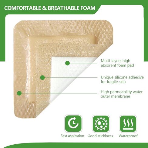kastormed Silicone Adhesive Foam Dressing with Gentle Border 4''x4'' 10 Pack, High Absorbency Foam Wound Bandage for Bed Sore, Leg Ulcer, Diabetic Ulcer in Kuwait