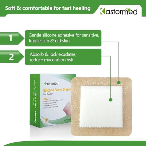 kastormed Silicone Adhesive Foam Dressing with Gentle Border 4''x4'' 10 Pack, High Absorbency Foam Wound Bandage for Bed Sore, Leg Ulcer, Diabetic Ulcer in Kuwait
