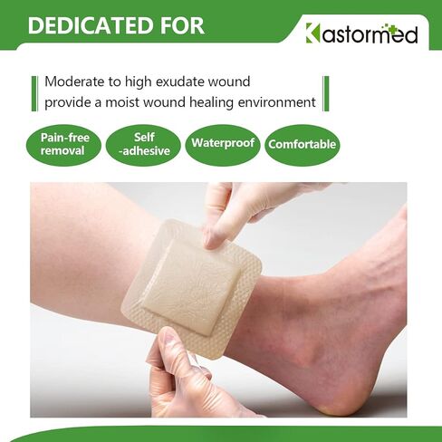 kastormed Silicone Adhesive Foam Dressing with Gentle Border 4''x4'' 10 Pack, High Absorbency Foam Wound Bandage for Bed Sore, Leg Ulcer, Diabetic Ulcer in Kuwait