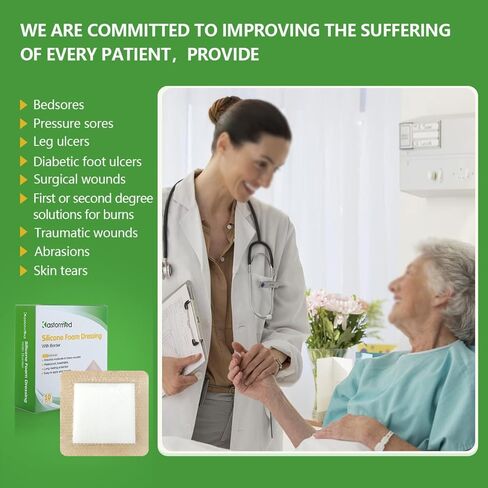kastormed Silicone Adhesive Foam Dressing with Gentle Border 4''x4'' 10 Pack, High Absorbency Foam Wound Bandage for Bed Sore, Leg Ulcer, Diabetic Ulcer in Kuwait