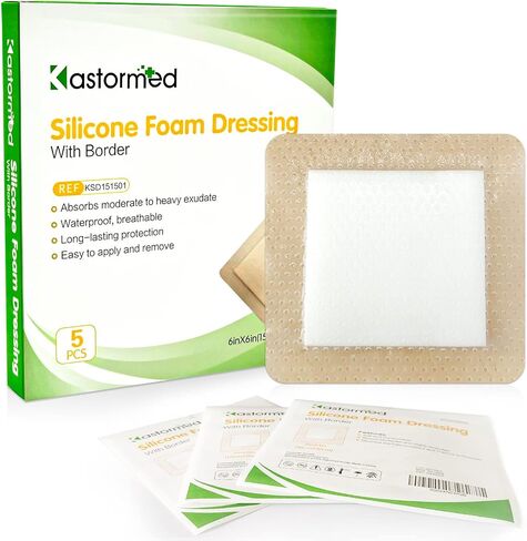 kastormed Silicone Adhesive Foam Dressing with Gentle Border 4''x4'' 10 Pack, High Absorbency Foam Wound Bandage for Bed Sore, Leg Ulcer, Diabetic Ulcer in Kuwait