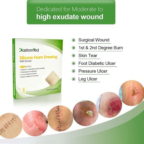 kastormed Silicone Adhesive Foam Dressing with Gentle Border 4''x4'' 10 Pack, High Absorbency Foam Wound Bandage for Bed Sore, Leg Ulcer, Diabetic Ulcer in Kuwait