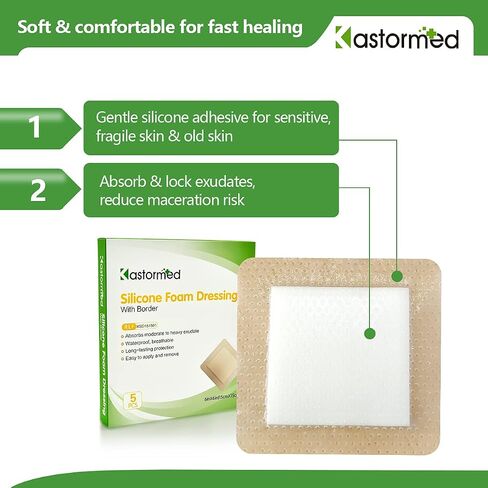 kastormed Silicone Adhesive Foam Dressing with Gentle Border 4''x4'' 10 Pack, High Absorbency Foam Wound Bandage for Bed Sore, Leg Ulcer, Diabetic Ulcer in Kuwait