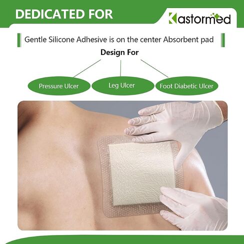 kastormed Silicone Adhesive Foam Dressing with Gentle Border 4''x4'' 10 Pack, High Absorbency Foam Wound Bandage for Bed Sore, Leg Ulcer, Diabetic Ulcer in Kuwait