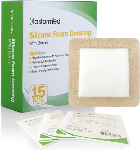 kastormed Silicone Adhesive Foam Dressing with Gentle Border 4''x4'' 10 Pack, High Absorbency Foam Wound Bandage for Bed Sore, Leg Ulcer, Diabetic Ulcer in Kuwait